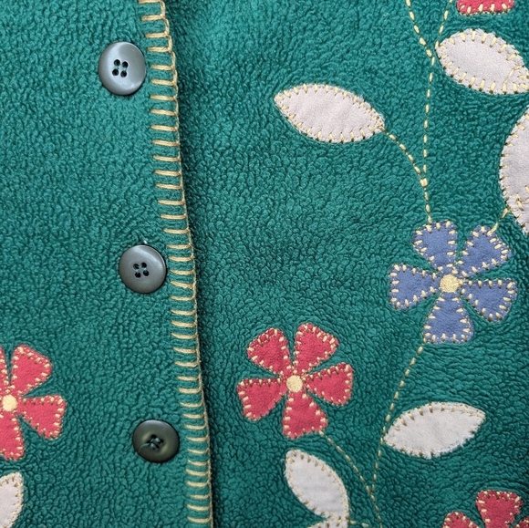 Vintage Floral Embroidered Green Fleece Button Down Cardigan Sweater Jacket L-XL - Picture 4 of 9